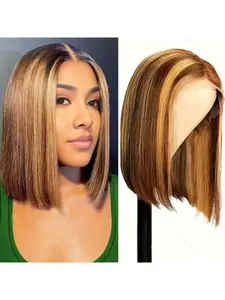 Women's Highlights Short Straight Bobo Hair Wig, Synthetic Wigs, High-Temperature Fiber, Perfect Gift for Holidays, Party Use, Multi-Scene Application, Synthetic Material Wigs