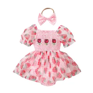 Cute Strawberry Print Baby Dress with Tulip Embroidery and Matching Bow Headband for Toddlers Girls Summer Outfit Pink Checkered Tutu Dress