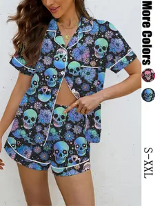 【Halloween】Women's Halloween Pajama Set, Skull Print Sleepwear, Loungewear, Casual Fitted Shirt & Shorts, Soft Home Wear, All Seasons Comfortable