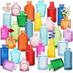 30 pcs vases bulk colored flower glass vases bud vintage colored glass bottles colorful rustic embossed for home wedding table decorations gifts bright color