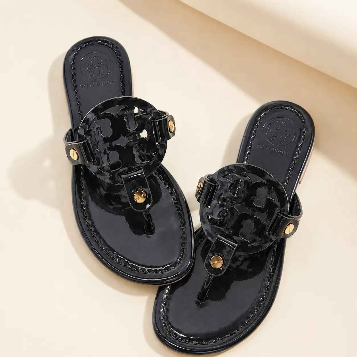 Women's Open Toe Slip-On Flat Sandals with Glossy Finish, Decorative Cutout Strap and Metal Accent Details for Casual Everyday Wear