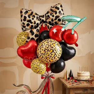 15pcs Wild Style Birthday Party Balloon Set, Balloon Decorations Kit, Giant Leopard Print Bow Aluminum Foil Balloons, Cherry Shape Balloons, Perfect for Celebrations