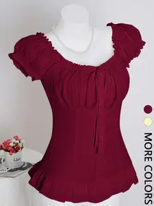 Women's Square Neck Bubble Sleeve Ruched Button Front Shirt Blouses, Casual Fitted Top with Pleated Hem, Plain Design, No Collar