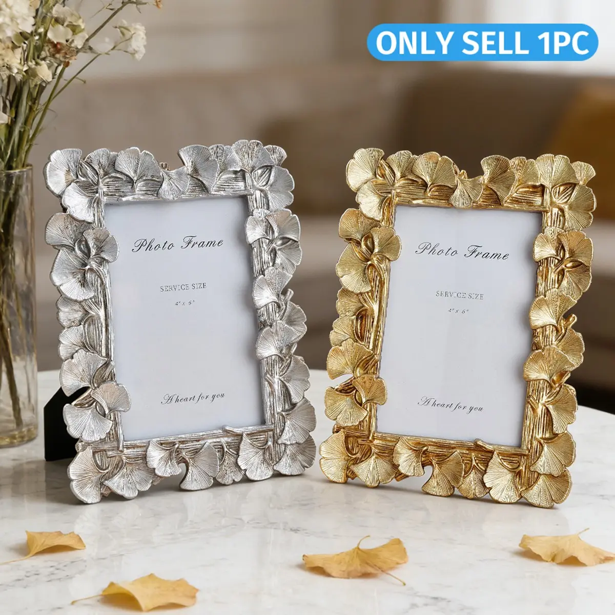 European Vintage Resin Ginkgo Leaf Frame, Modern Luxury Photo Display, Home Decor for Bedroom, Living Room, Office, Wedding Gift, Picture Frame, Photo Frames