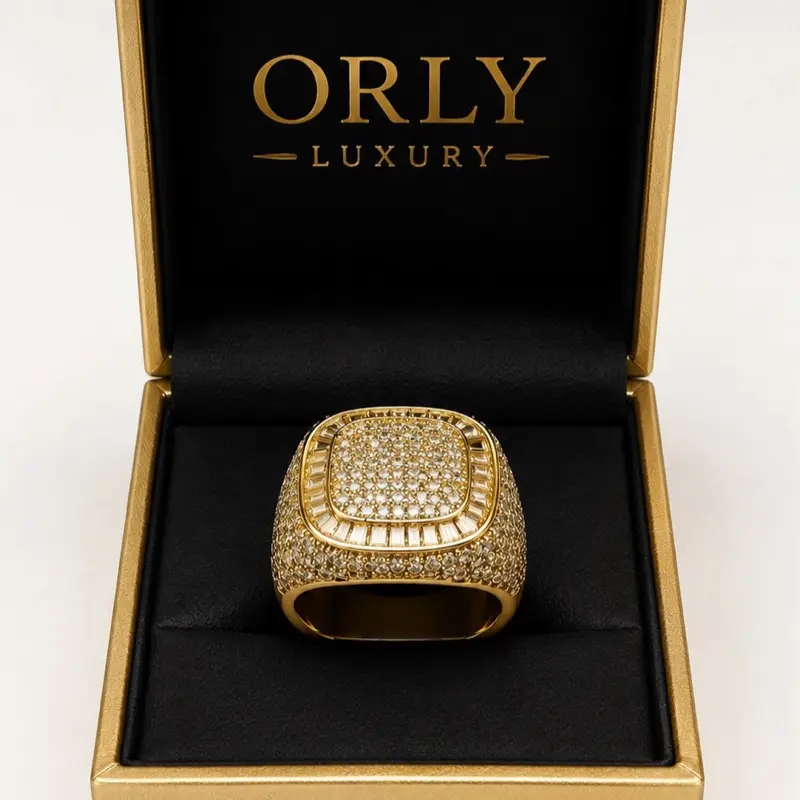 Luxury Iced Out Ring - 14K Gold Plated Stainless Steel Fashion Statement Jewelry