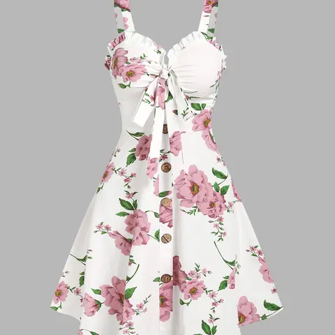 Women's 2026 Summer Dresses Sleeveless Floral Print Vacation Sundress Garden Party Dress Summer Ruffled Bowknot Mini Dress Valentine's Day Gift