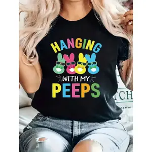 2026 Easter- Themed Women'S T- Shirt.Colorful And Stylish "Hanging With My Peeps" Lettering, Adorable Bunny Caron Prints.Breathable Cotn, Plus- Size, Round- Neck.