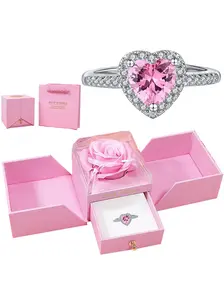 Glittering Heart Shaped Ring with Rose Gift Box, Fashion Heart Rings, Elegant Wedding Ring for Women, Trendy All-match & Exquisite Engagement Jewelry for Birthday Gift