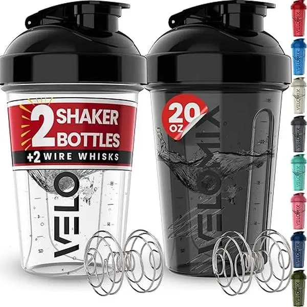 VELOMIX -2 Pack- 28 oz Protein Shaker Bottles for Protein Mixes - 2x Wire Whisk | Leak Proof Shaker Cups for Protein Shakes | Protein Shaker Bottle Pack (Black/Transparent)