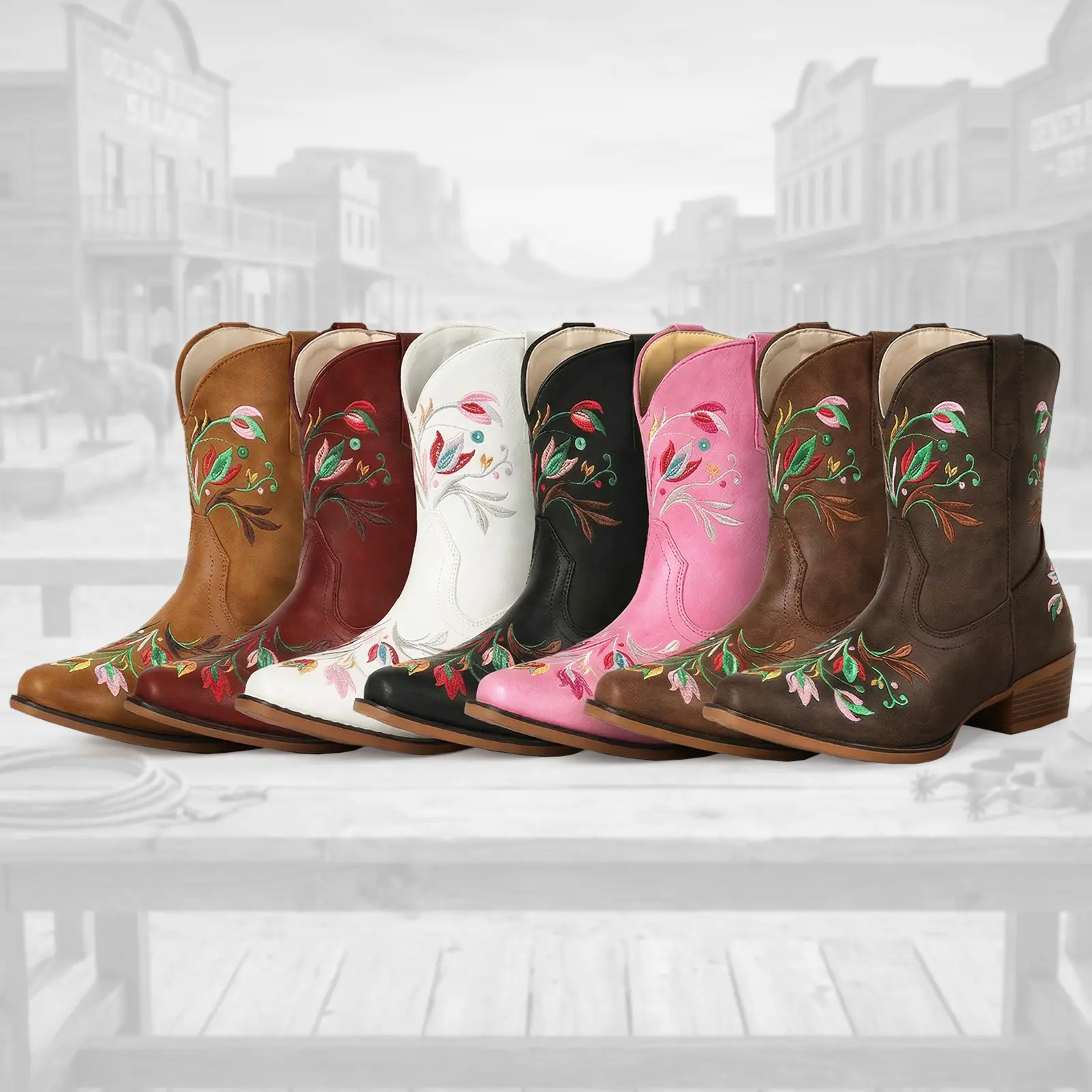 FIORALIE Women's Flower Embroidered Ankle Cowgirl Boots with Almond Pointed Toe Western Cowboy Style Chunky Heel Pull On Short Cowgirl Boots for Comfort and Style botas vaqueras mujer Country Concerts SummerVibes