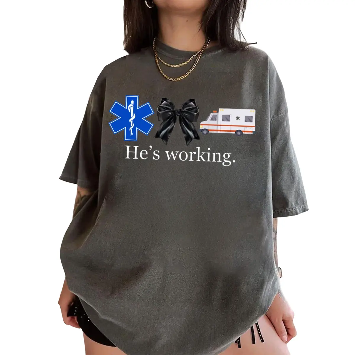He’s Working EMS T-Shirt, Paramedic Wife Bow and Ambulance Crewneck
