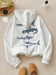 Women's Fleece Aesthetic Hoodie, Fall Winter Loose Fit Long Sleeve Pullover, Shark Print Casual Daily Wear, Unisex Fashion Top