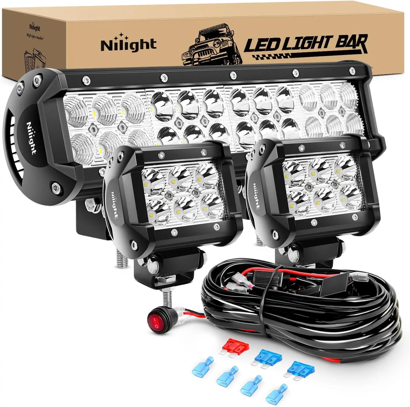 Nilight ZH016 12 Inch 72W Spot Combo Bar 2PCS 4 Inch 18W Flood LED Fog Lights with Off Road Wiring Harness- 2 Leads lightbars ledbarlight lightbar daytime running, Led Car Lights, High Power Leds