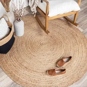 Jute Braided Area Rug, 4  Round Jute Braided Rug, Stain Resistan   Circle Boho Area Rug for Entryways, Living Room, Bedroom, Farmhouse  Decor, Reversible Rug