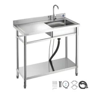 VEVOR Stainless Steel Utility Sink, Free Standing Single Bowl Commercial Kitchen Sink with Faucet, 39.4 x 19.7 x 37 in, Utility Left Basin with Hot & Cold Water Pipe for Garage, Restaurant, Laundry