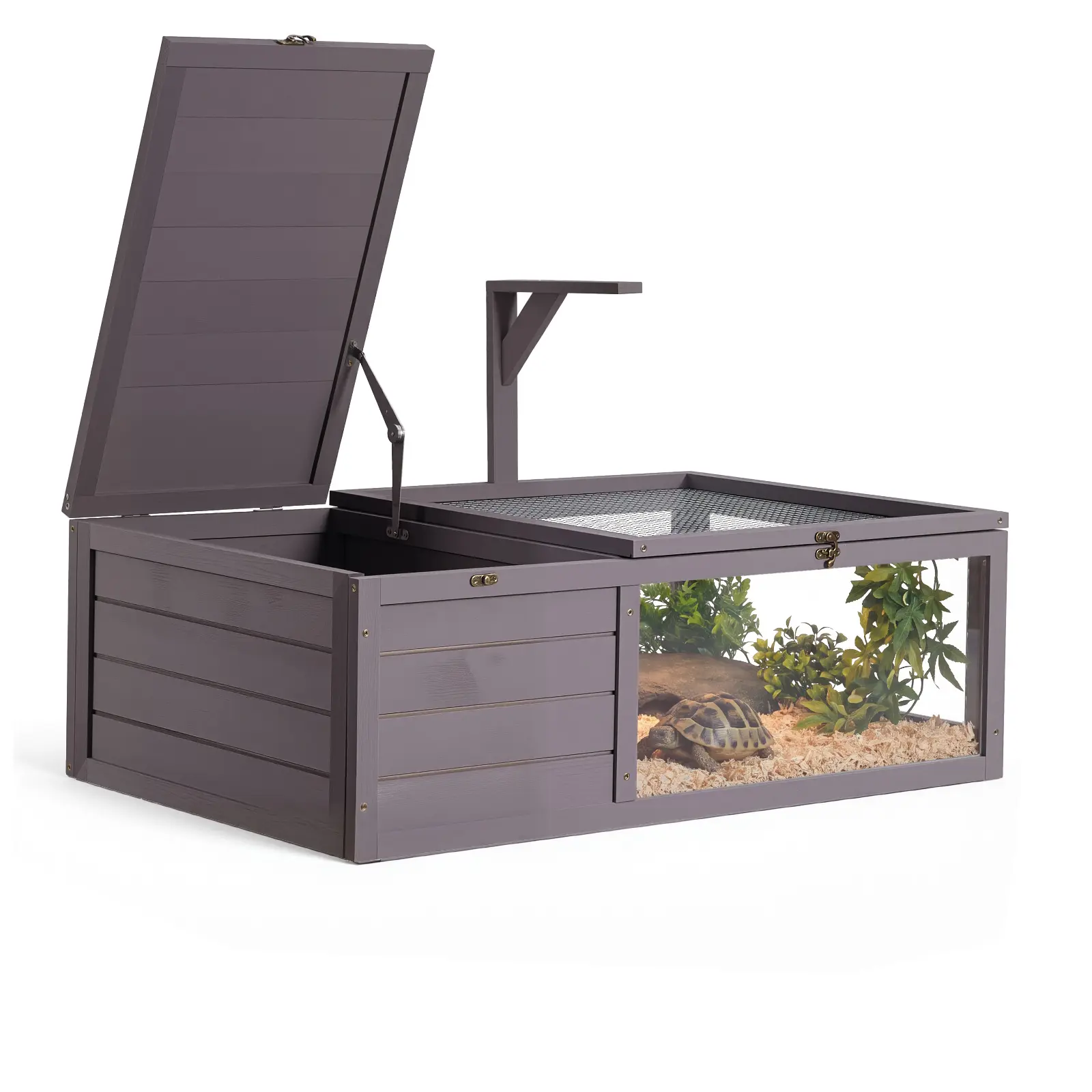 VEVOR Wooden Tortoise Habitat, 2-Room Tortoise House with Pull-Out Tray, Reptile Lights Lamp Stand, Openable Roof, Acrylic Viewing Window, Large Reptile Cage for Small Indoor Outdoor Animals
