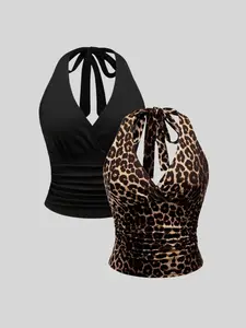 Women's Solid Color/leopard Print Tie Shoulder Elegant Sleeveless Cami Top Top for Spring & Fall, Ladies Clothes for Daily Wear
