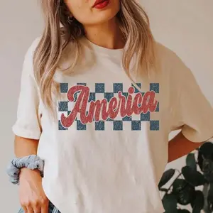 Comfort Colors Checkered USA Shirt, Retro Patriotic Graphic Tee, Red White Blue 4th of July Shirt, Independence Day Outfit - AL