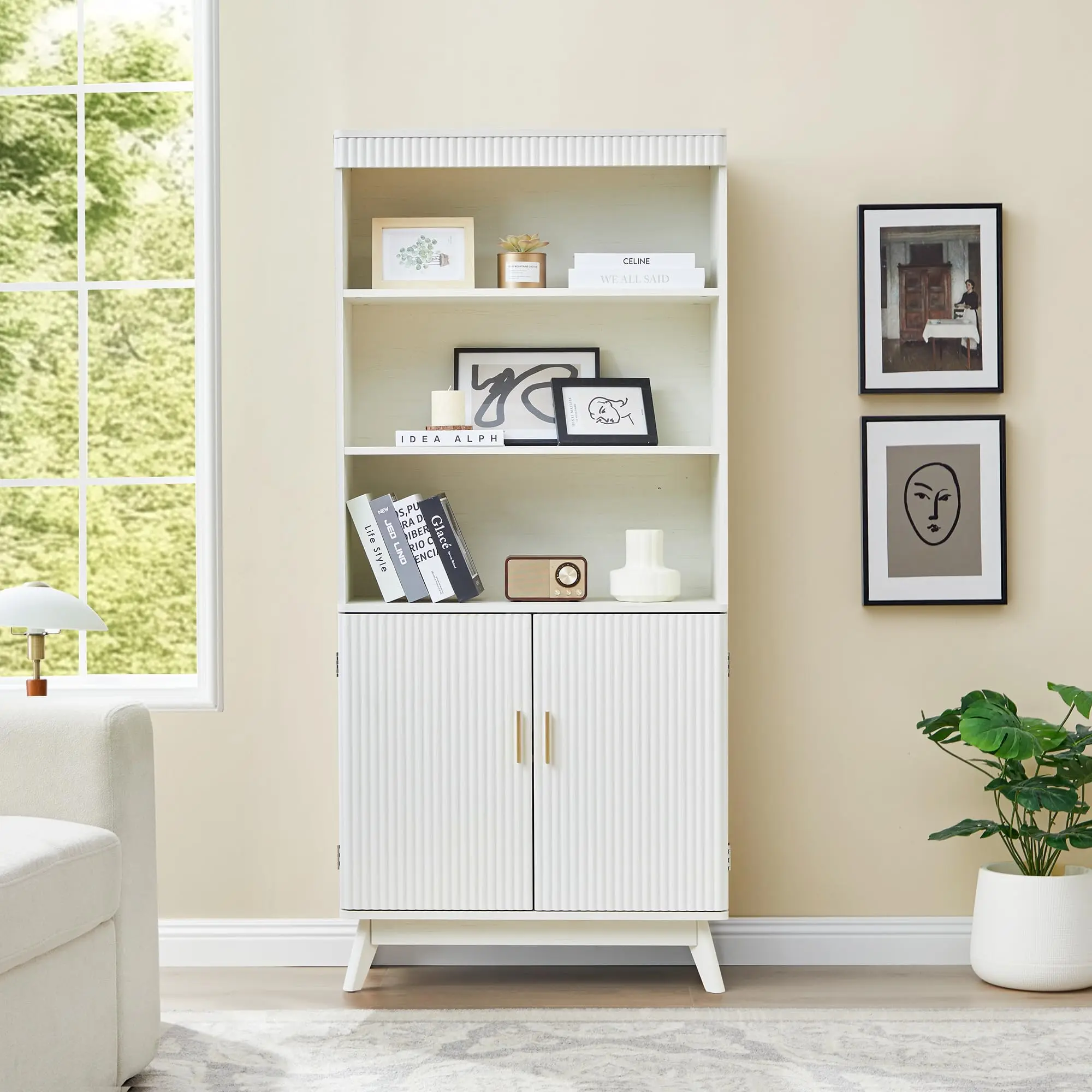 Giratree 68" Fluted Tall Bookcase with Storage Cabinet,Mid-Century Modern 5-Tiers Arched Bookshelf Cabinet with Doors, Arched Bookcase with Open Display Storage Shelf for Home Office Bedroom Living Room