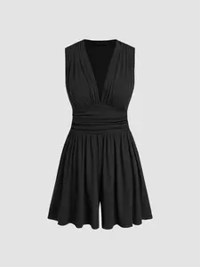 Women's Solid Color Ribbed Fitted Romper, Elegant Fashion Minimalist Casual Sleeveless Romper for Daily Outdoor Wear, Women Romper for Summer