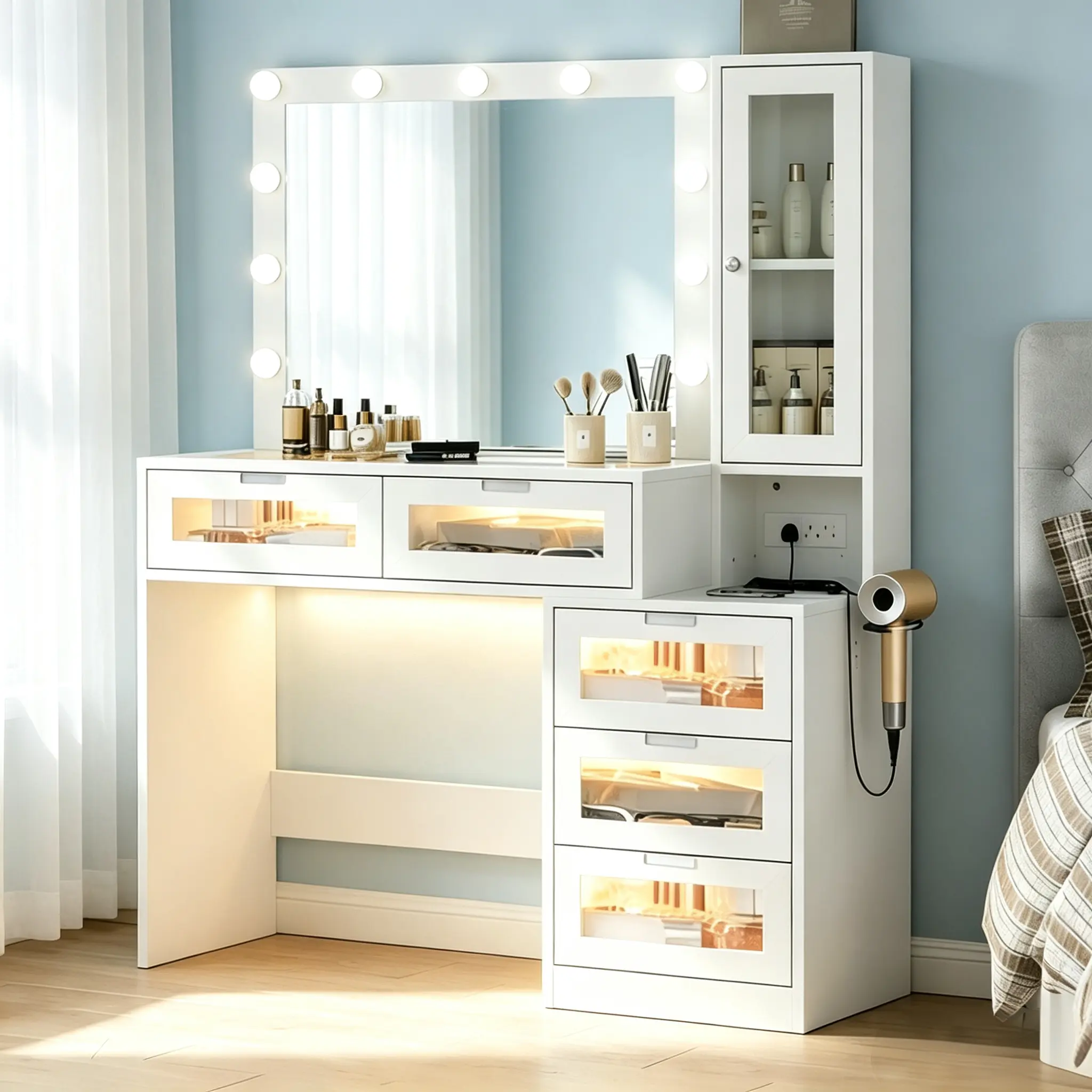 CollaredEagle Lighted Vanity Table with LED Mirror, Tempered Glass Top, Side Cabinet, Power Outlet, Lit Drawers, Stable Storage - Modern LED Dresser for Bedroom Makeup Organization Station