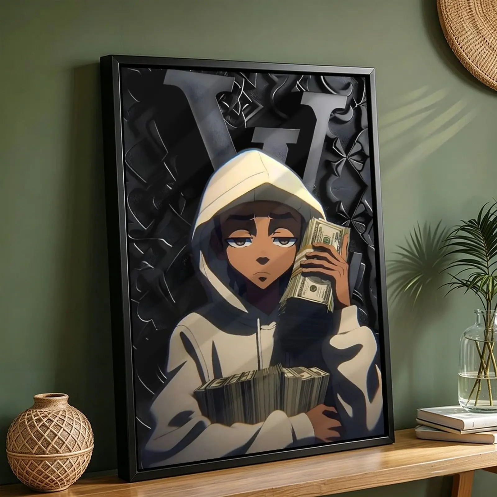 Riley Freeman's Artistic Money-Themed Canvas Wall Art "A Stack of Cash", Cool Masculine Modern Home Decor Print, Hip-Hop Enthusiasts' Room Decoration