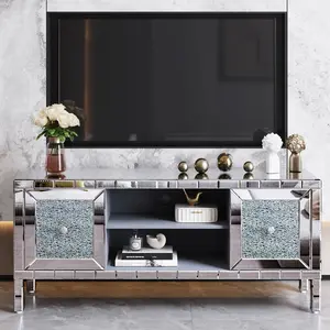 ATUMCTO Modern Mirrored TV Console Cabinet - 65in Compatible Crushed Diamond TV Stand with Adjustable Storage, Silver Indoor Furniture Entertainment Center for Living Room, Tv Stands