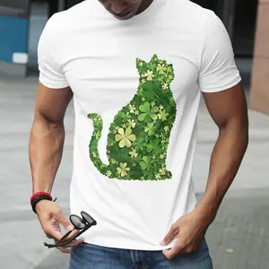 St. Patrick's Day Pet Shamrock T-shirt | Cat Silhouette Full-Print Design, Casual Crew Neck Short-Sleeve, All-Season Fit + Soft Skin-Friendly, Festive Cute Style, White Base Eye-Catching Style, Great Choice For Gifting/Daily Wear