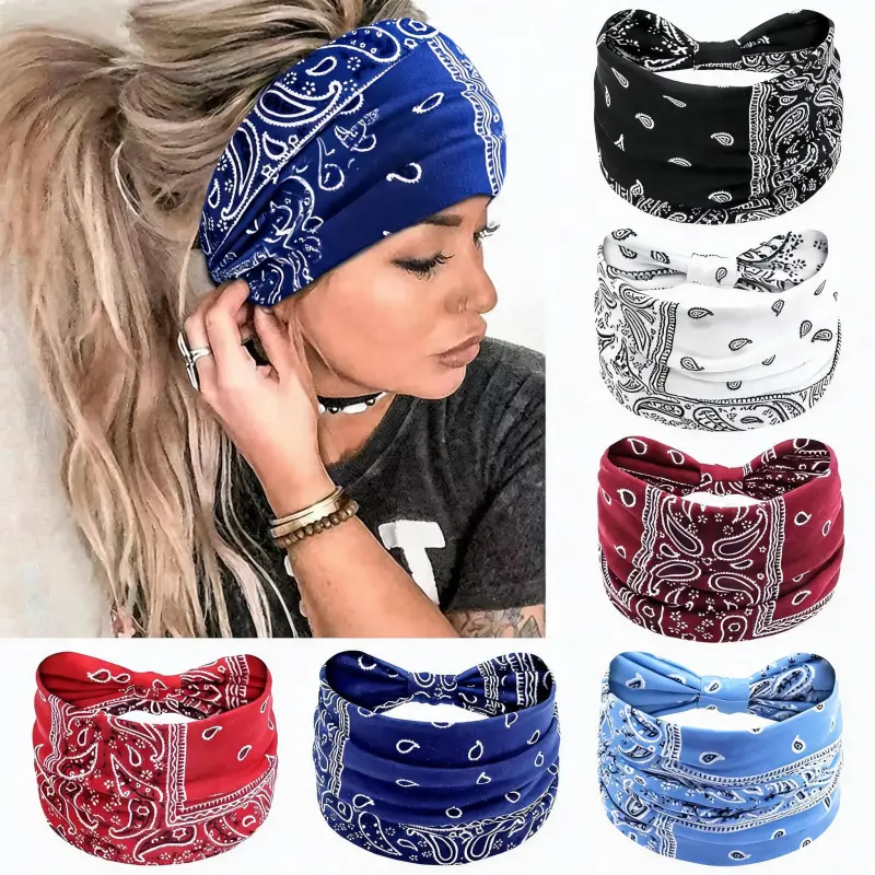 6-Pack Wide Boho Style Headbands for Women, Non-Slip Soft Stretch No-Pressure Fit,  Thick & Curly Hair, Flyaway Hair Taming &Face-Framing Style, Multiple Colors forRunning Yoga Makeup