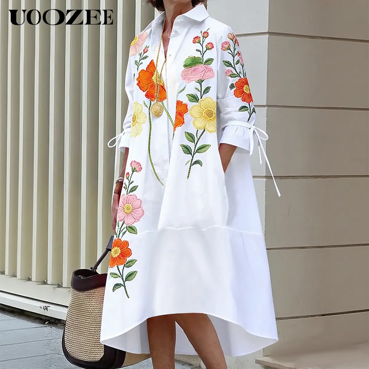 UOOZEE Women's 2026 Summer Boho Floral Printed High Low Shirt Dress, Button Front 3/4 Sleeve High Low Hem Dress, Loose Fit Summer Casual Dress with Pockets, Size Down for Slim Look