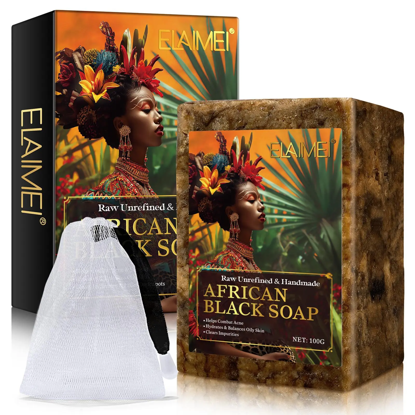 Elaimei African Black Soap 100g, Handmade Exfoliating Moisturizing Cleansing Bar Cleanser, Moisturizes Oily Skin, Natural Ingredients, Cocoa, Shea, No Harmful Chemicals, Hydrating