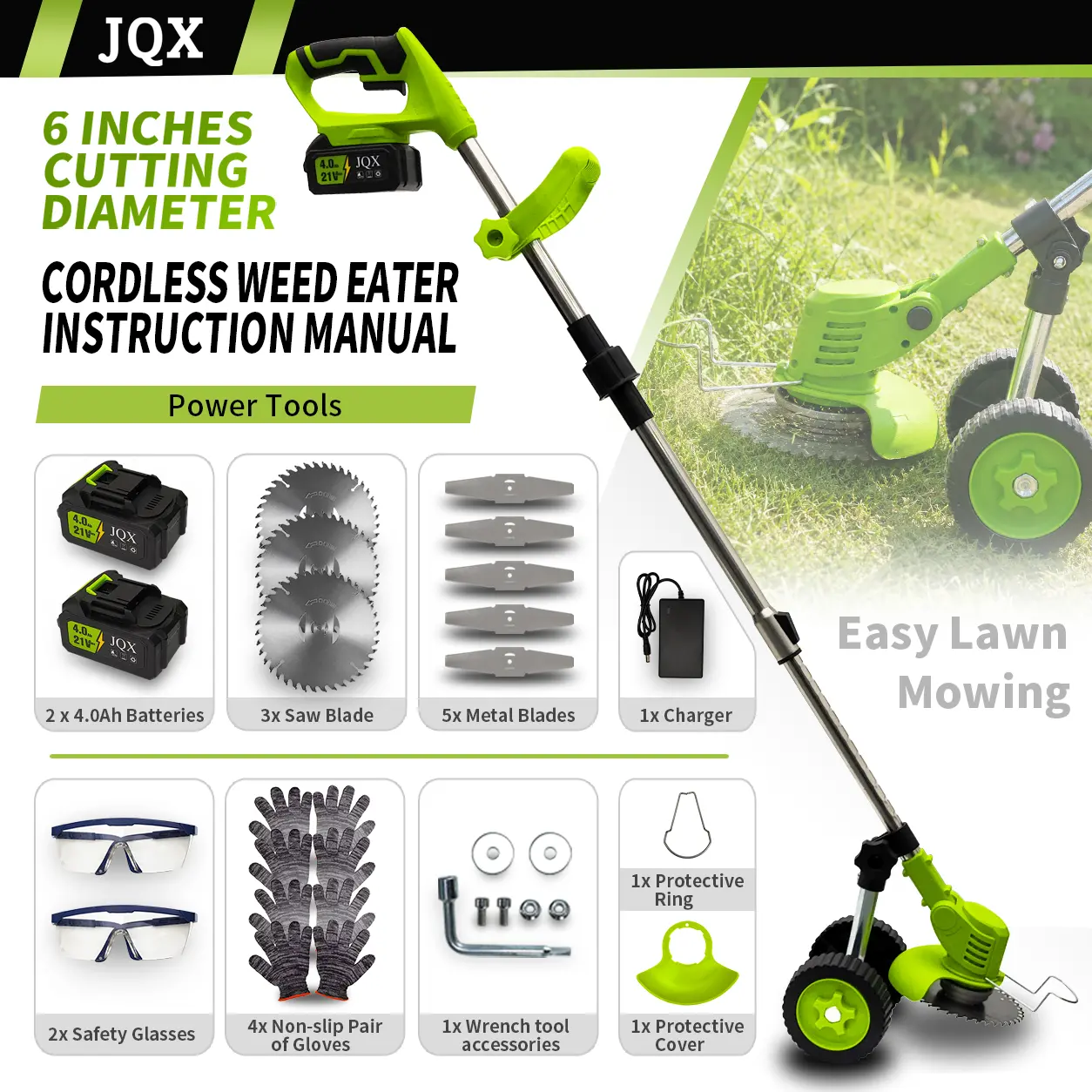 Wheeled Cordless Weed Eater, Women-Friendly Lightweight Lawn Mower with Telescopic Shaft, 21V 3-in-1 Electric String Trimmer & Edger for Garden Maintenance
