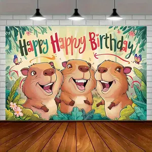 Modern Farmhouse 1pc Capybara Birthday Party Banner - Vibrant Amber Glow Polyester Wall Decor with "Happy Birthday" Text, Cheerful Capybara Design, and Colorful Butterflies & Flowers, Perfect for Room, Home, or Ornaments