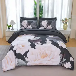 Black Floral Comforter Set Full Size 7 count Flower Bedding Set with Sheets Peony Bed Set Colorful Elegant Floral Bed in A Bag Set for Women Room Decor(Black Beige, Full)