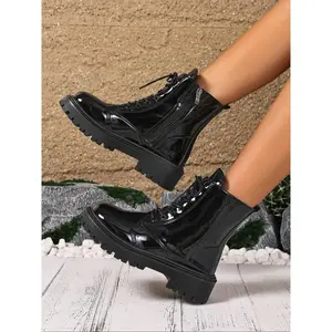 Ladies' classic short boots, fashionable ankle boots, side zipper design, lace up combat boots suitable for walking and work, fashionable platform short boots, comfortable shoes for daily wear, Thick Heeled Boots