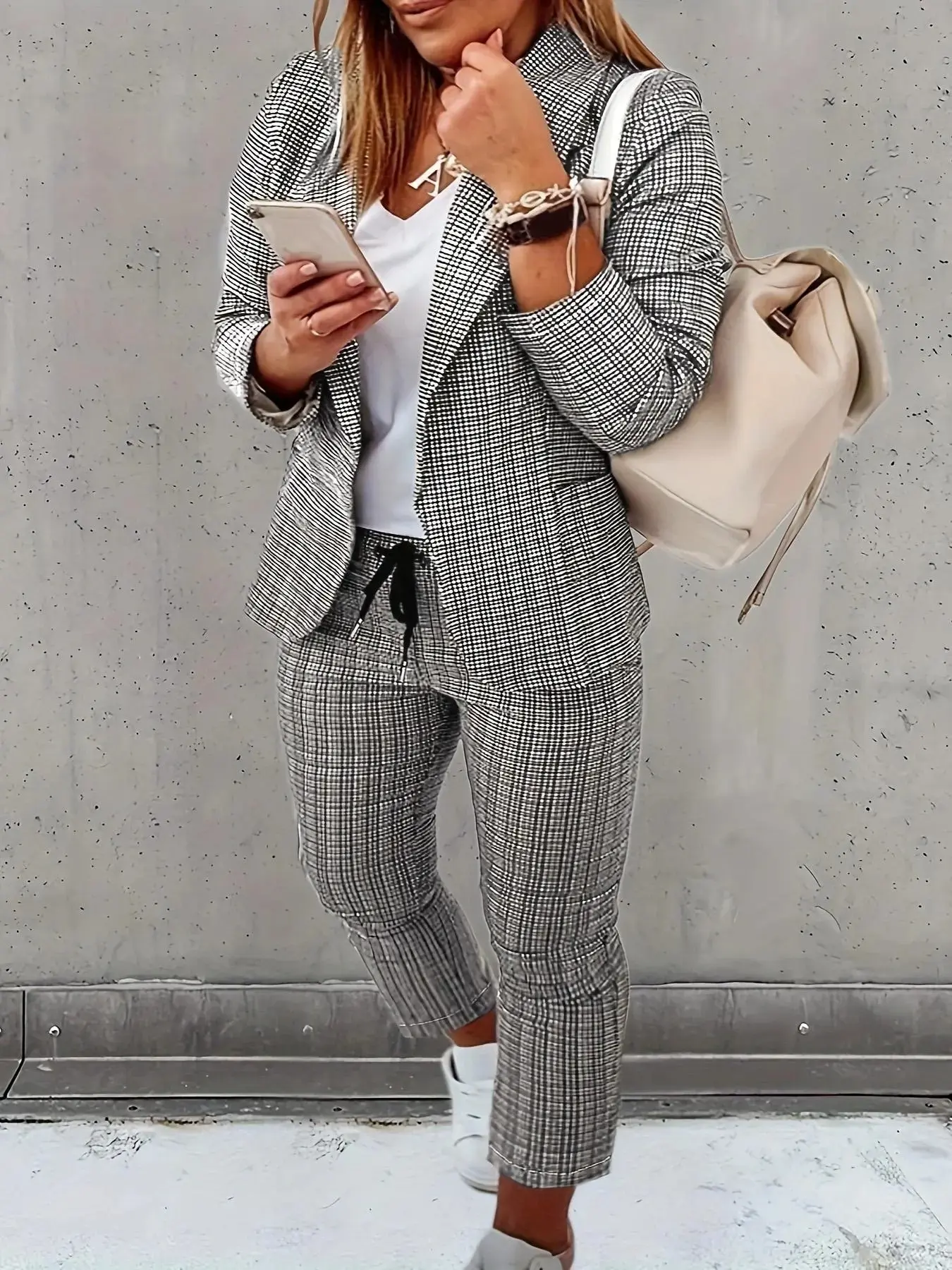 Plus Size New Trendy Plaid Print Pocket Button Front Casual Blazer & Pants Set, Long Sleeve Shawl Collar Top & Trousers for Women, Women's Two-piece Outfits for Spring & Fall