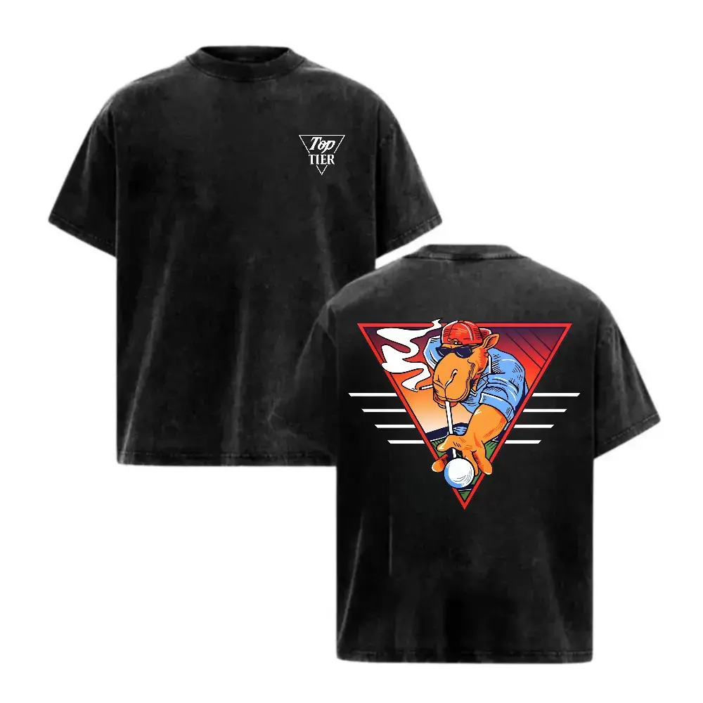 Retro Camel Joe Billiards Graphic Tee | Washed Black Vintage Cartoon Print T-Shirt | Loose Fit Pure Cotton Streetwear Top | Casual Unisex Outfit for Pool Players