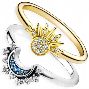 2pcs Gold and Silver Inlaid Tiny Cubic Zirconia Star Moon Rings, Couple Ring Jewelry Proposal Ring, Fashion Party Ring 2PCS Rings