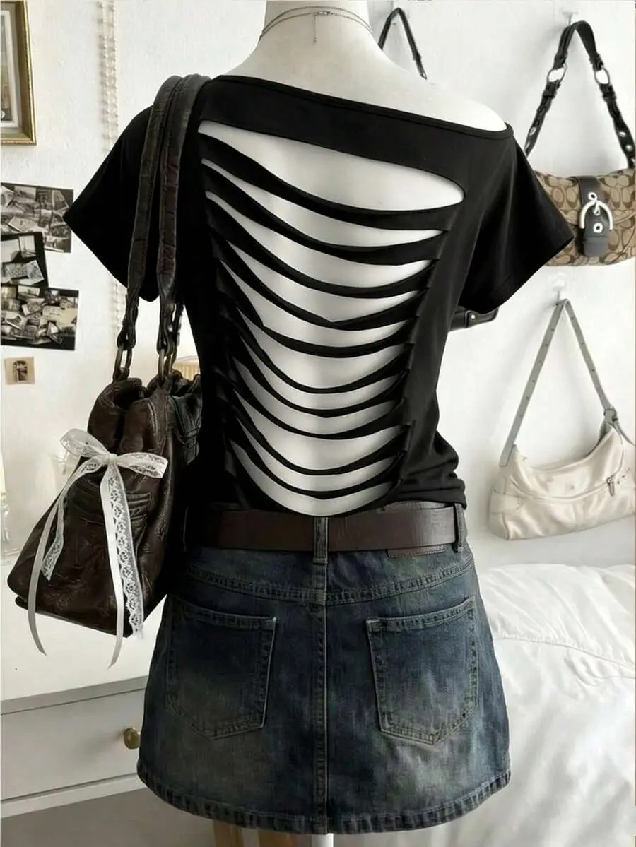 VELORA x Lalippa Women's Black Skeleton Cut Out Backless T-Shirt - Short Sleeve Off Shoulder Gothic Grunge Top