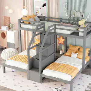 ARCH Twin-over-Twin Pine Wood Bunk Bed with Built-in Staircase, 79.70"w x 102.30"d x 61.50"h Gray Frame, Space Saving Furniture, Storage Organization, Upper Storage Board, Bedside Drawer, Sturdy 253.00 lb Capacity, Easy Assembly 1-Box Set for Kids Bedroom