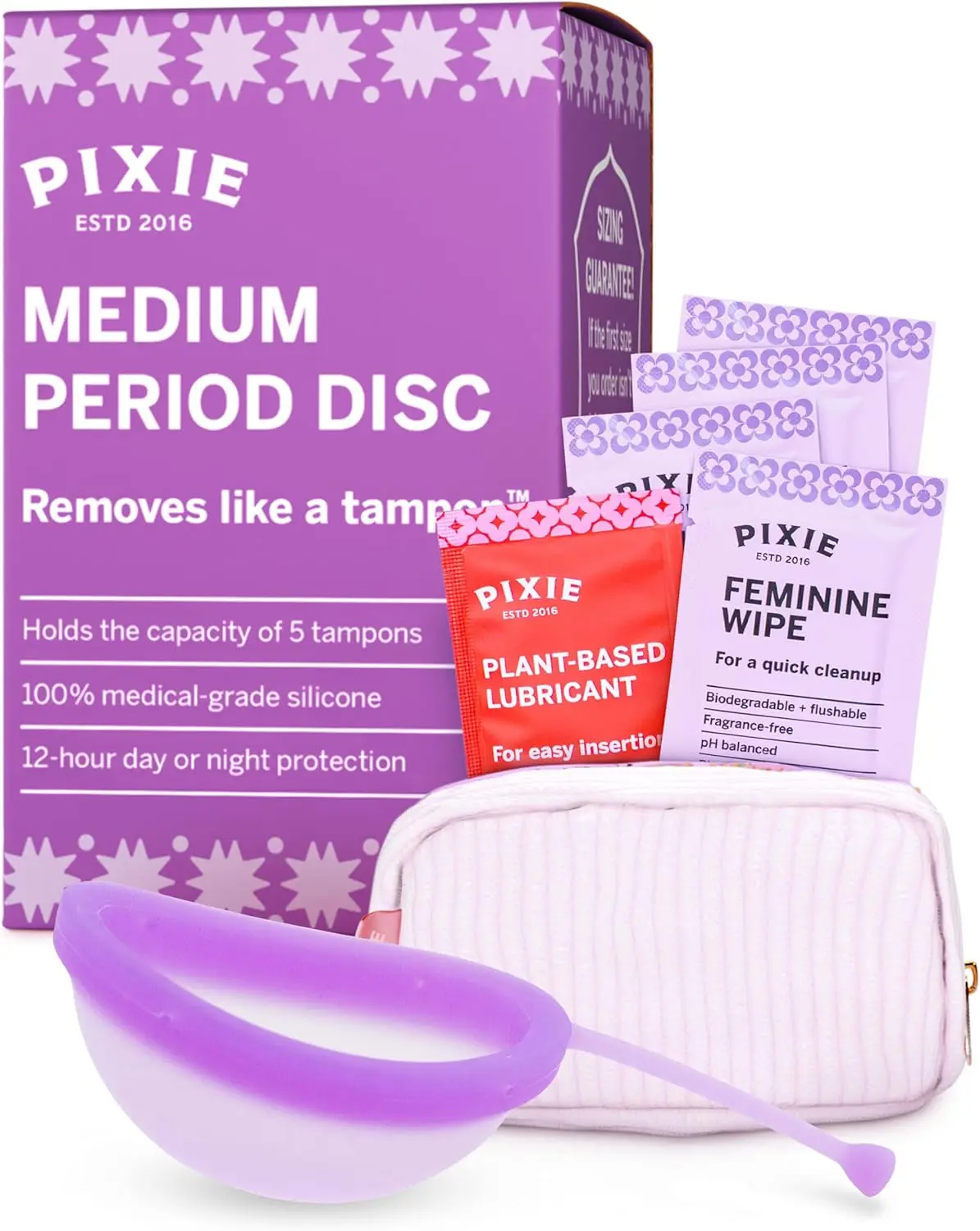 Pixie Menstrual Disc for Feminine Care - Ranked 1 for Best Tampon Alternative Period Disc - 100% Medical-Grade Silicone - Removes Like a Tampon - Wear 12 Hours - Capacity of 5 Tampons (Medium, Purple)