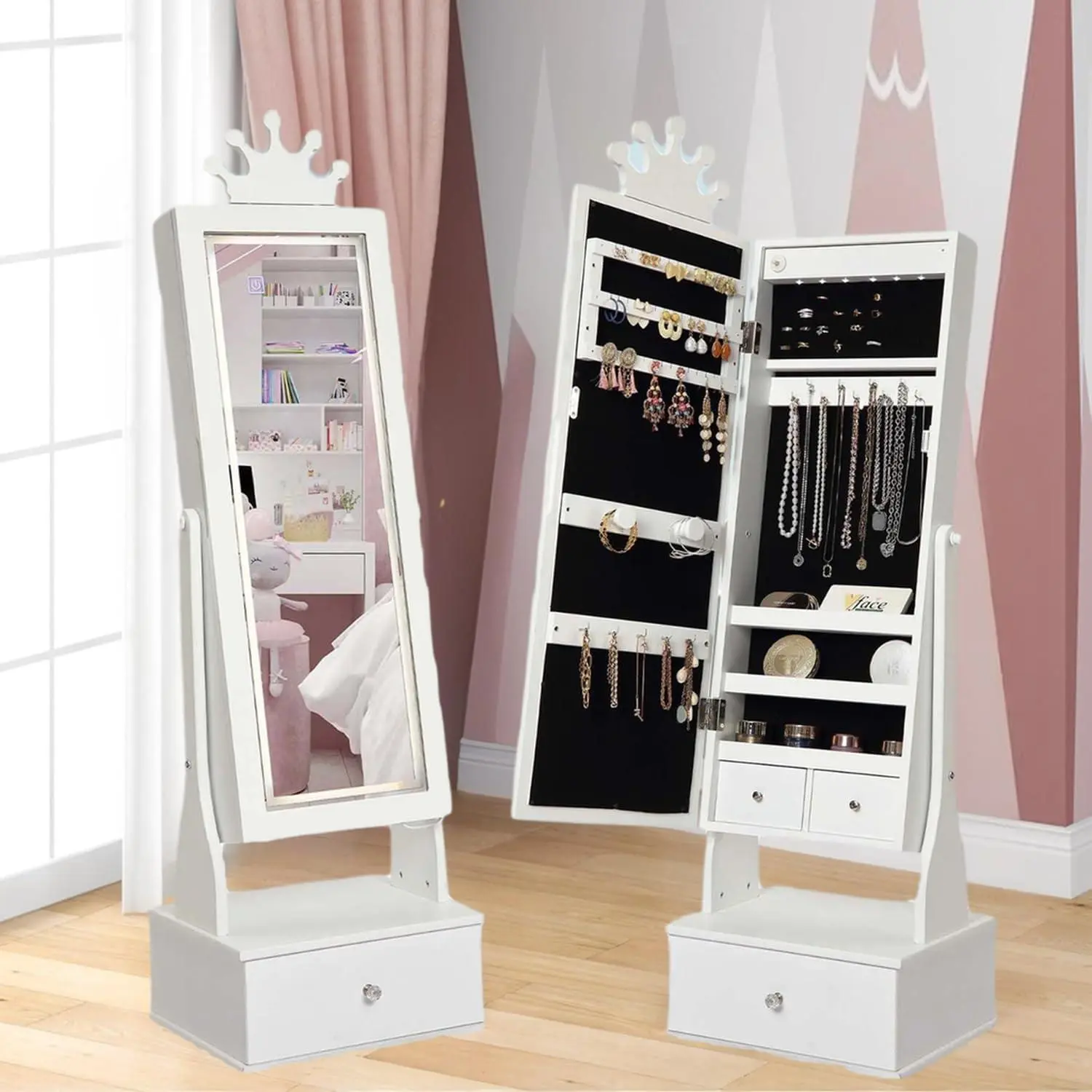 Jewelry Cabinet with Full-Length Mirror, Freestand Mirror with Storage Drawers, Vanity Dress Up Mirror with Jewelry Organizer, 46 in Jewelry Armoire for Bithday(White)