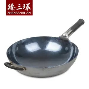 ZhenSanHuan Hand-Hammered High-Quality Chinese Wok Iron Handle 36CM Round Bottom with Silicone Handle Cover for Easy Handling