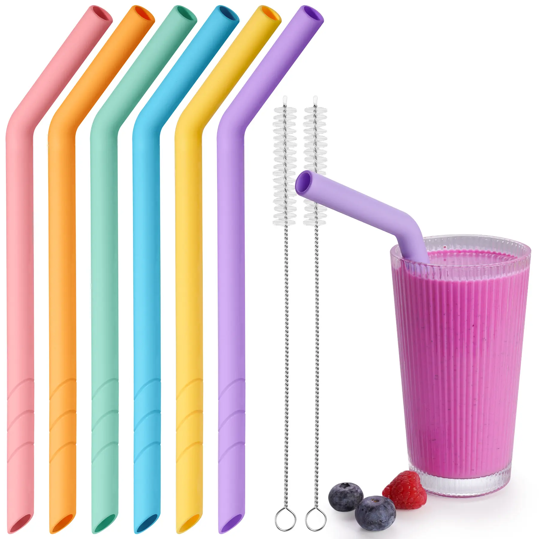 NiHome 6-Pack Extra Wide Reusable Bent Silicone Drinking Straws - Colorful Kitchenware Bar Utensils, Eco-Friendly, Child-Safe, Customizable Length, 2 Cleaning Brushes for Drinking Thick Drinks