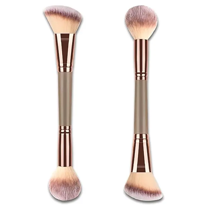 Double Ended Foundation Makeup Brush, Angled/Round Top for Liquid, Powder & Cream Blending (Brown), champagne gold