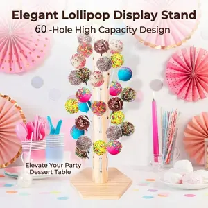 60-hole natural wooden cake and lollipop stand, reusable hexagonal base lollipop holder, sturdy and easy-to-assemble display stand, suitable for parties, weddings and candy buffets.