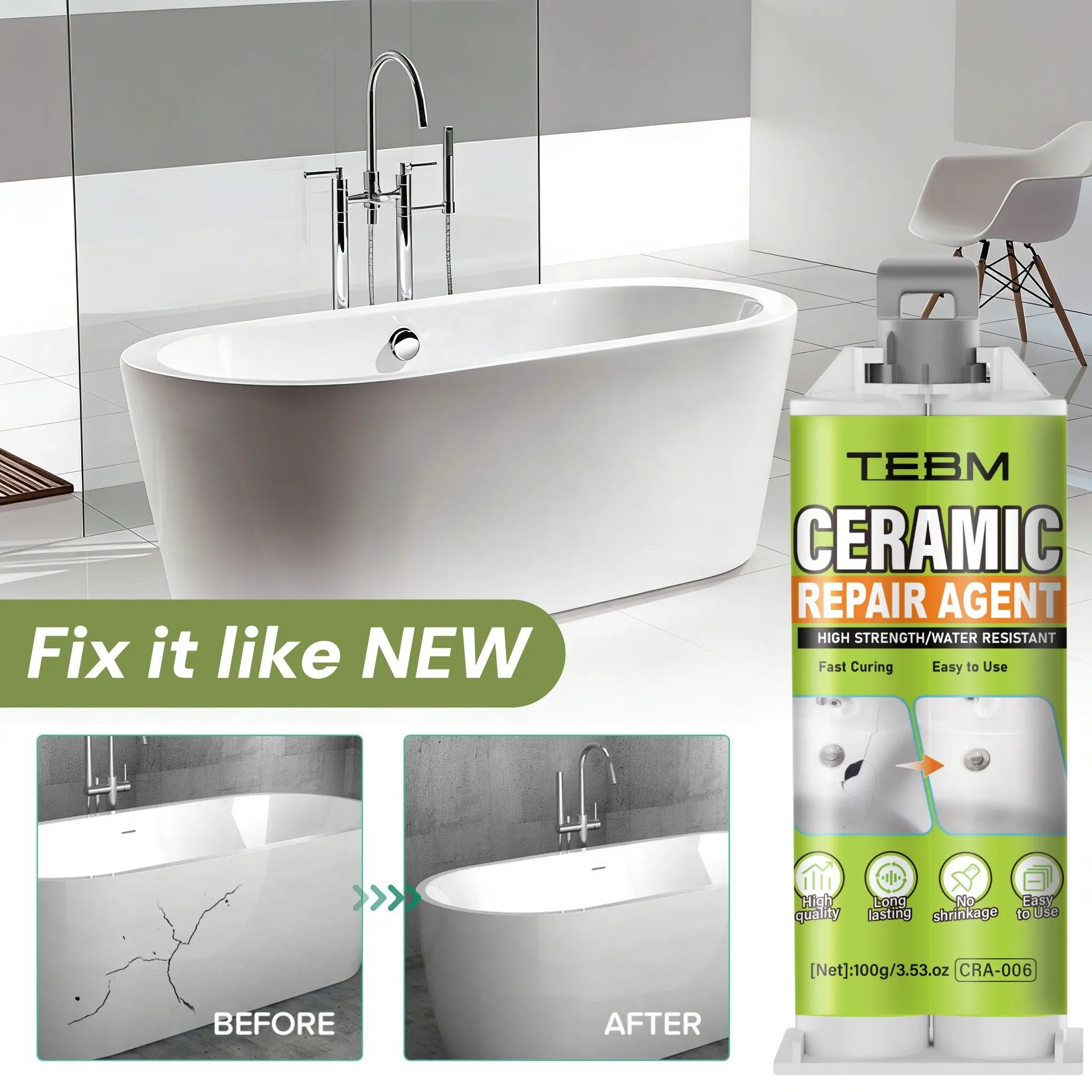 Fast-Drying Ceramic Glaze Repair Paste, Invisible Crack Fix, Waterproof & Stain-Resistant, Long-Lasting -Free, DIY Friendly, Multi-Surface Use