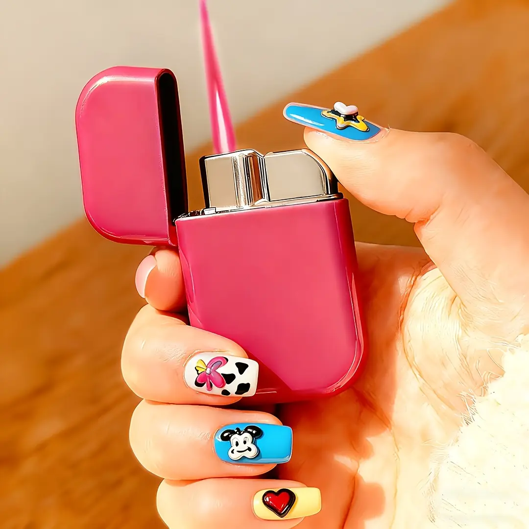 Pink Flame Torch Windproof Metal Body Butane Lighter (Butane Not Included) - Compact, Stylish Room Decor Accessory for Outdoors, Camping; Women's Birthday Gift, Portable