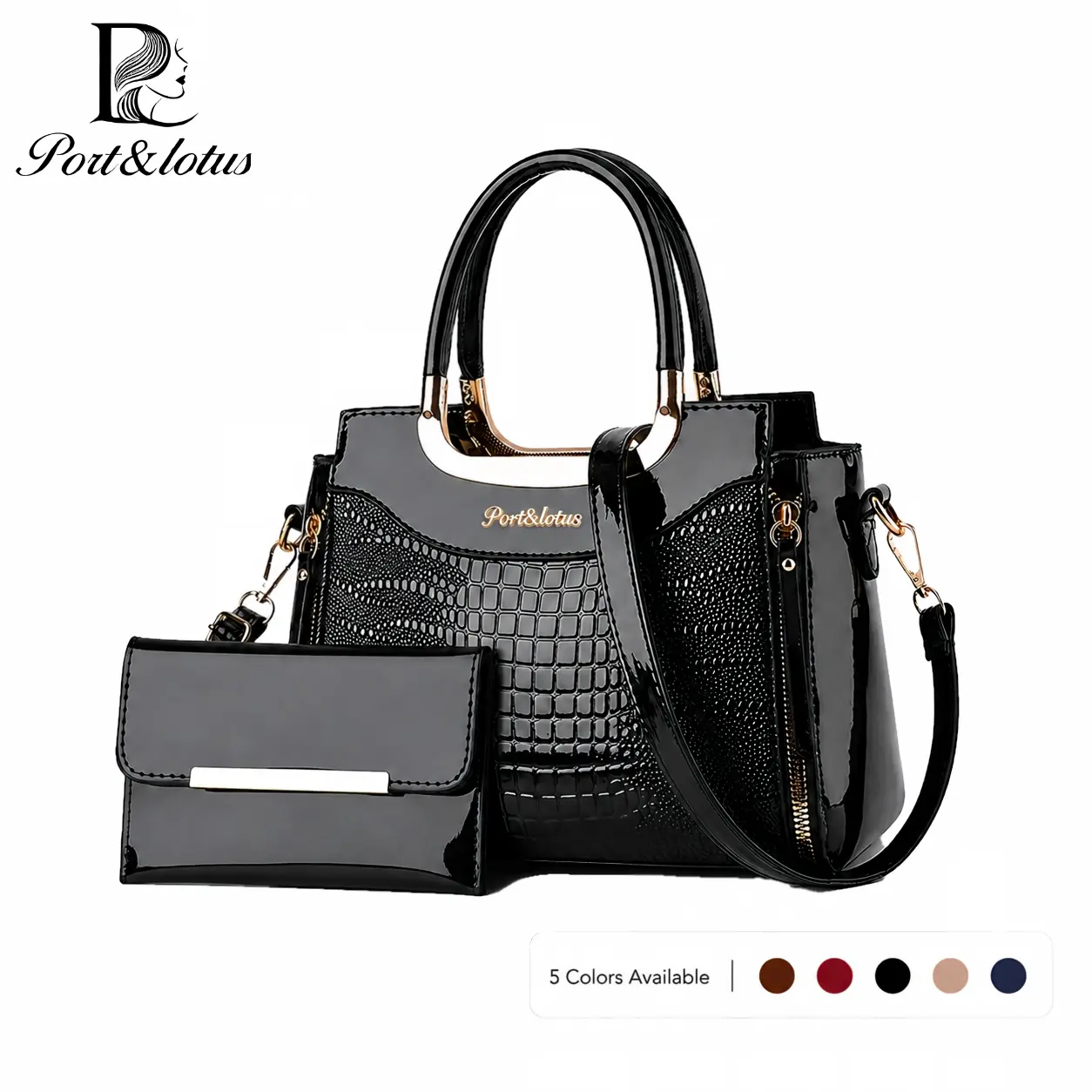 Port&Lotus Small Crocodile Pattern Handbags for Women, Crossbody Purses for Women, Trending Purses for 2026, Everyday Bag, Elegant Shoulder Bags with Adjustable Shoulder Strap, Patent PU Leather Women Bags with Double Top Handle