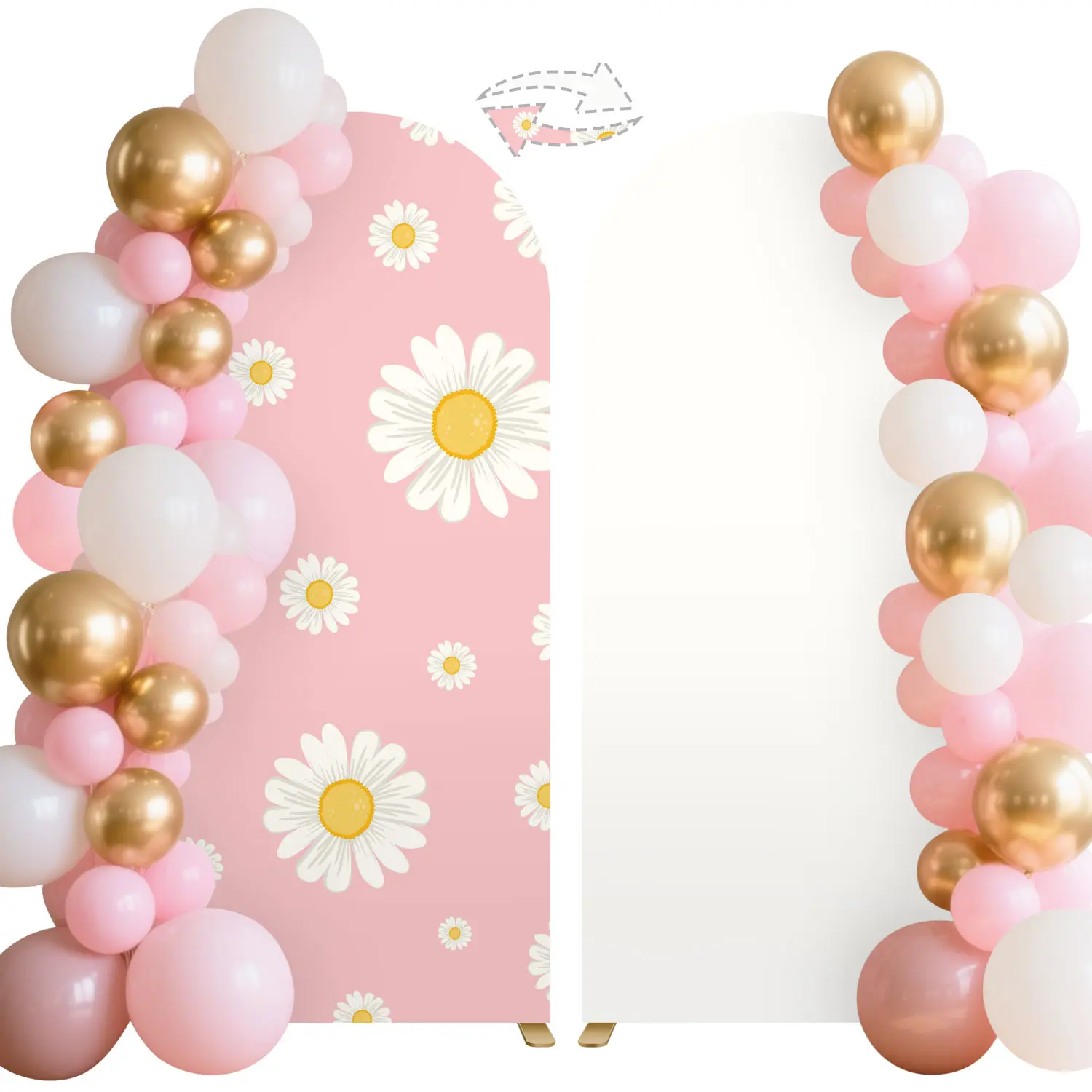 Polyester Pink Daisy Arch Backdrop Cover - Boho Wedding & Farm Party Decor, Arched Wall Cover, Display Prop, Banner for Girls' Chiara-Themed Celebrations